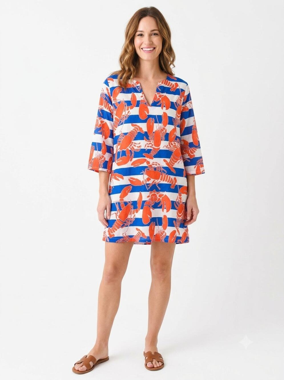 Gretchen Scott Tunic Top Womens S Blue White Striped Red Lobster Split V-Neck